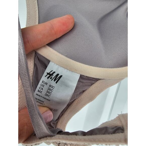 H&M Womens Sz 36C Padded Push Up Bra Gray w/ Pink Lace Trim - Picture 5 of 5